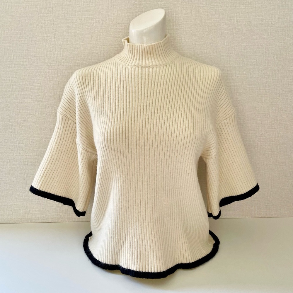 Jon & Anna Ribbed Boxy Sweater with Mock Neck, Cream with Black Trim, La…